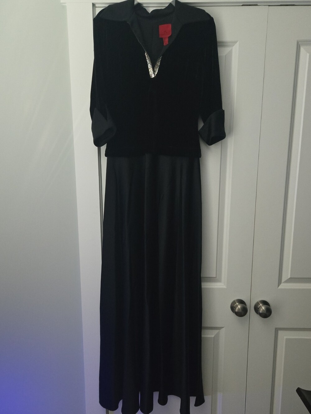 Vintage JS Collections Black Maxi Evening Gown Dress with V-Neck Embellishment